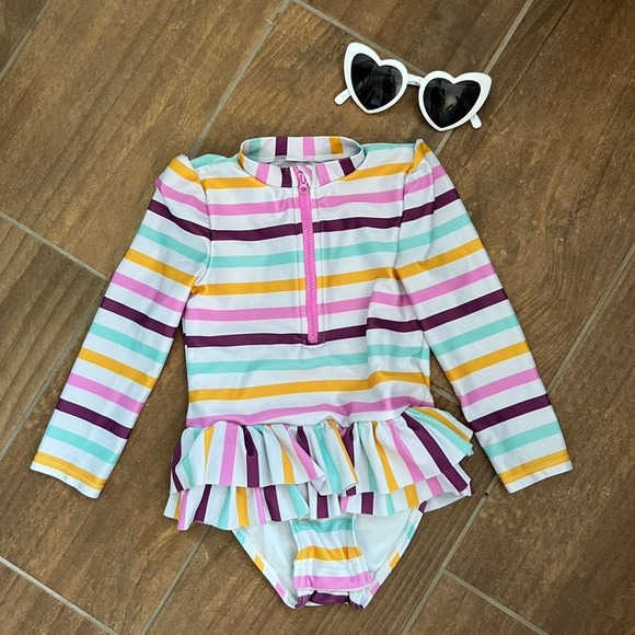 Cat & Jack Other - Cat & Jack Girl's (4T) One-Piece Long Sleeve Swimsuit White Stripes Ruffle.